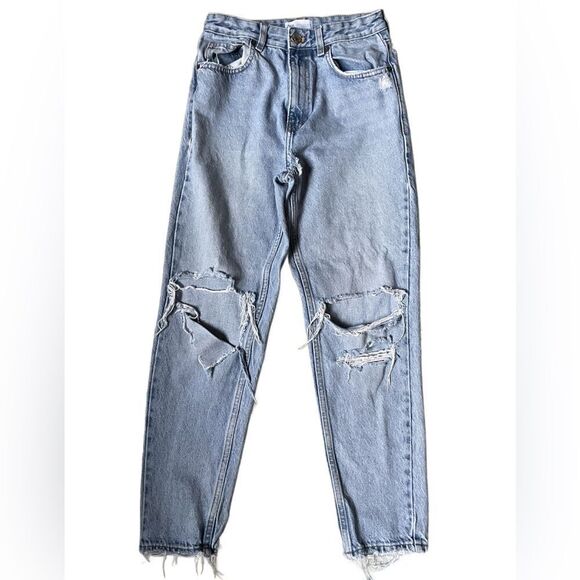 Zara Light Wash Extremely Distressed 100% Ecologically Grown Cotton Jeans (4) - Picture 1 of 14